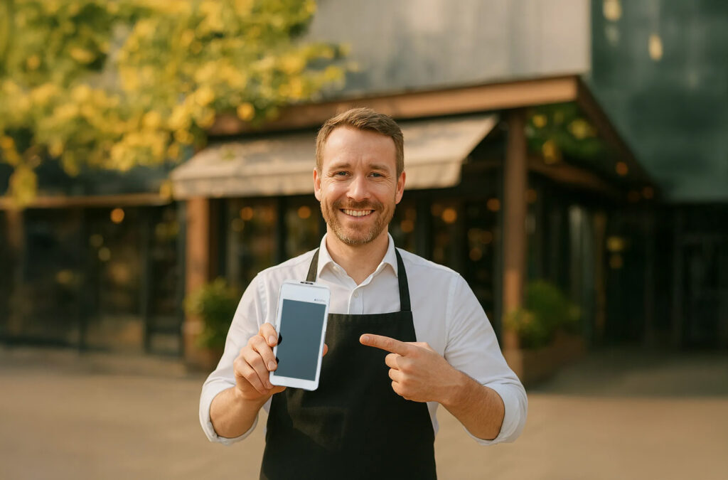 Small business owner holding PAX A920 card machine outside store using payment processing fee comparison data